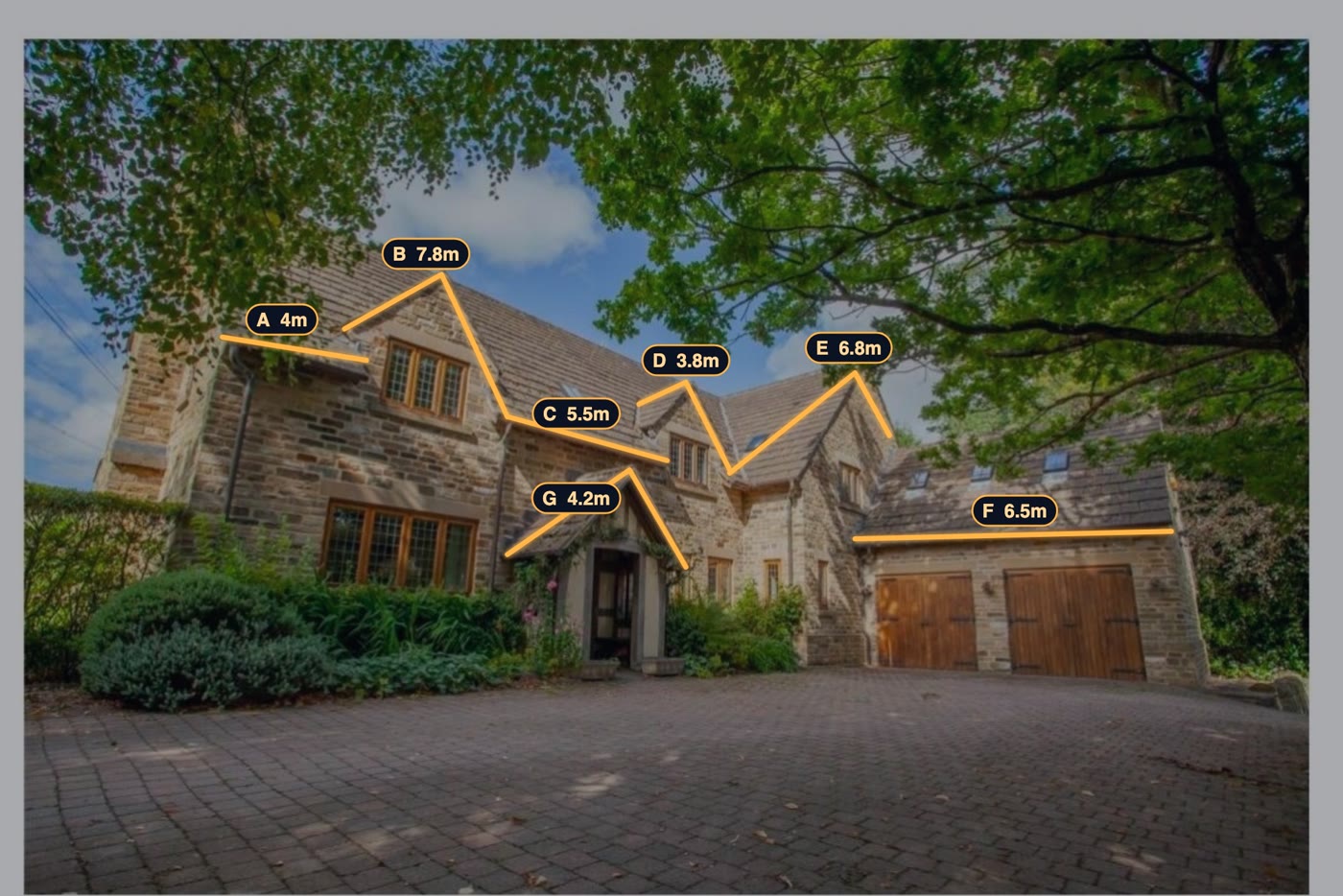 Their daytime photo with each lit run of roofline and porch marked and labelled A to G with its length