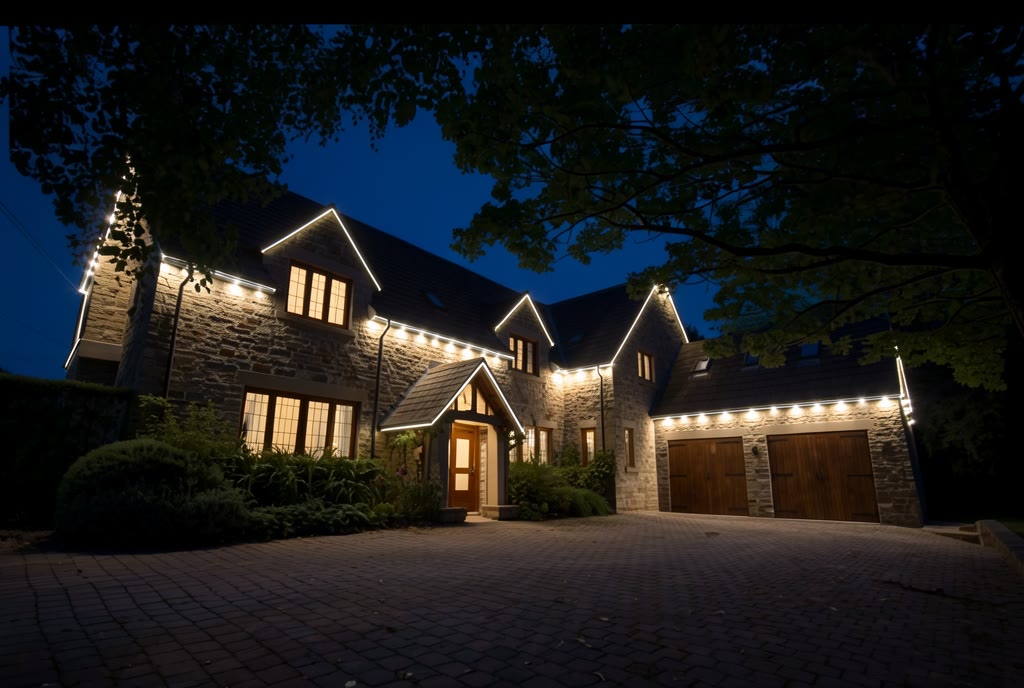 Illustration of the house at night with warm-white permanent lights under the roofline, gables, garage and porch